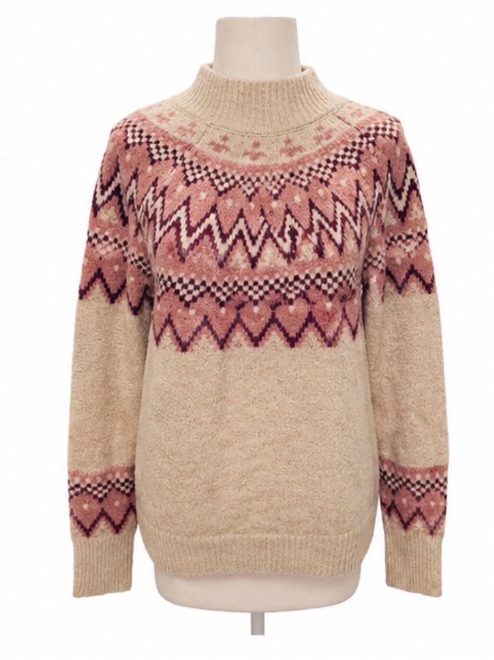 Max Studio Fair Isle Mock Neck Sweater Pink Cream Women’s Medium